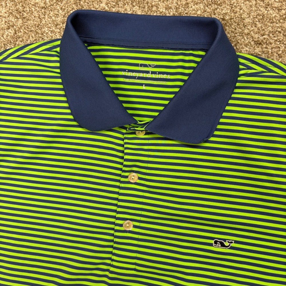 Vineyard Vines Performance Golf Polo Shirt Mens Large Striped Whale Green Navy